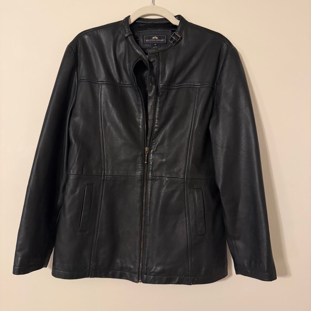 Vintage British Khaki Genuine Leather Y2K‎ Zip Up Black Jacket Size 10